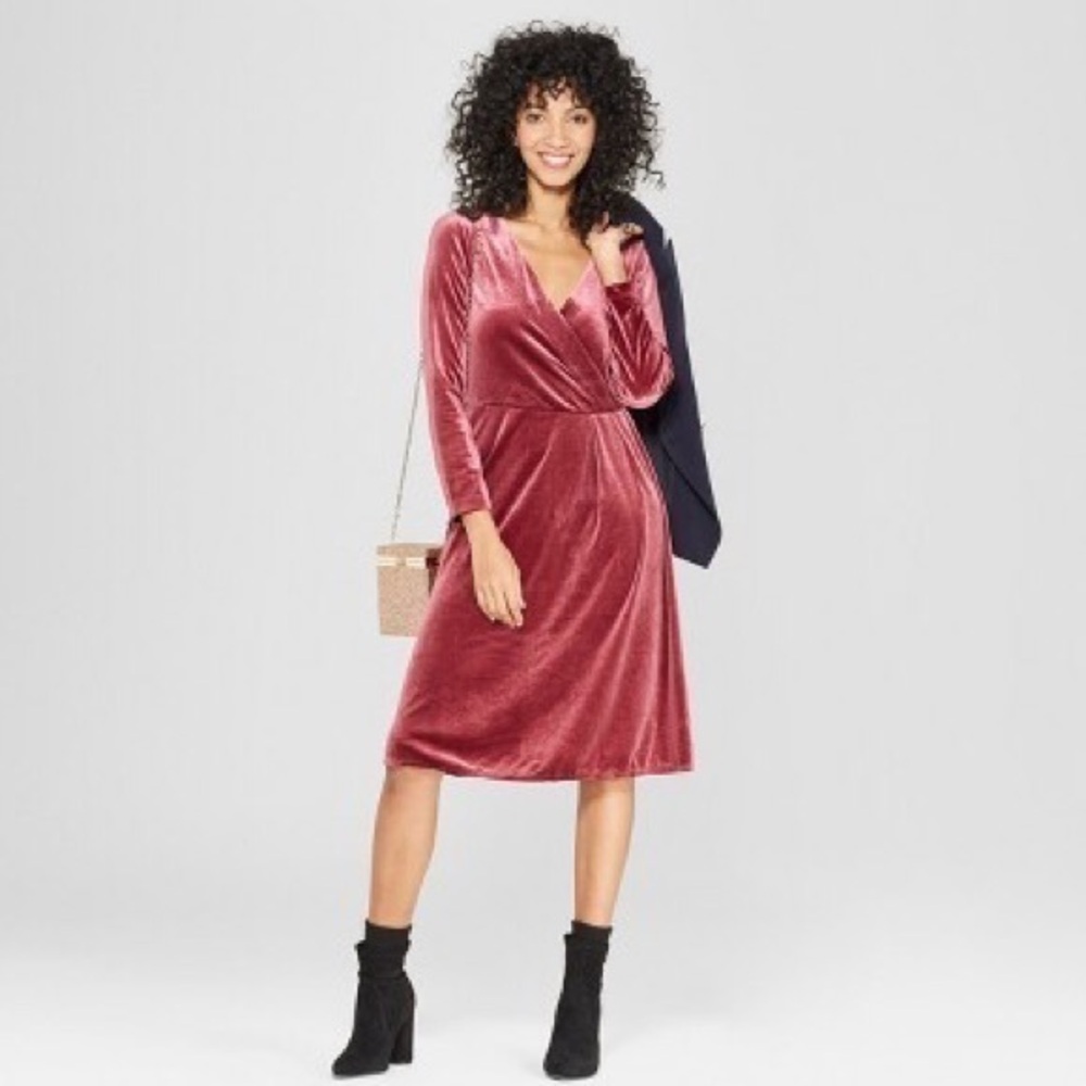 NWOT A New Day Burgundy Velvet Faux Wrap Dress New